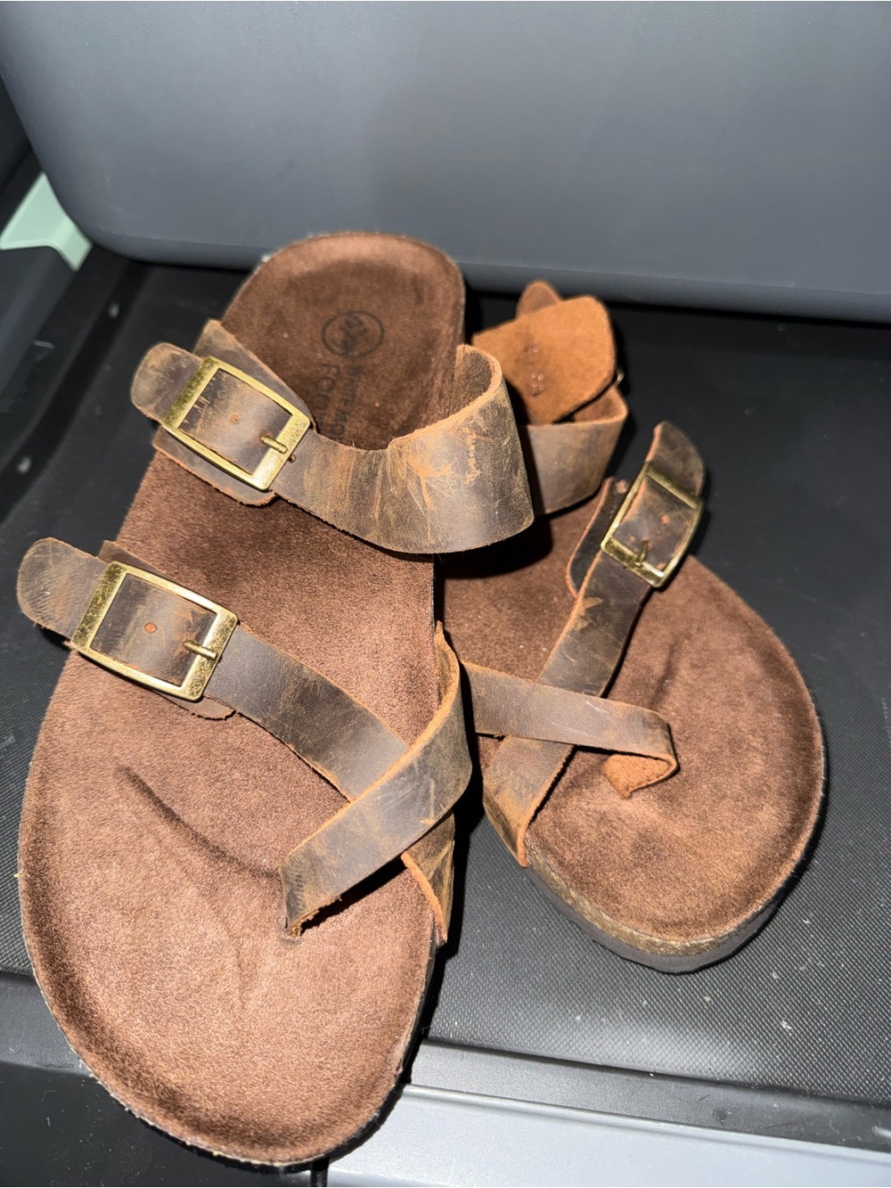 White Mountain Brown Leather Buckle Slide Sandals